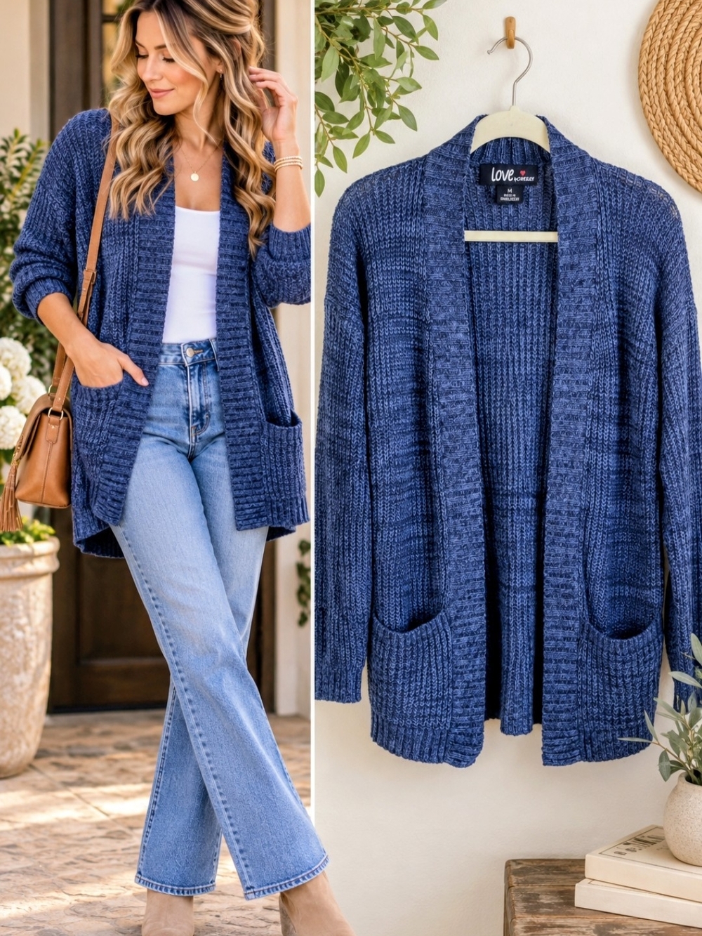 Navy Blue Marled Knit Cardigan Open Front Pockets Cozy Boho Medium